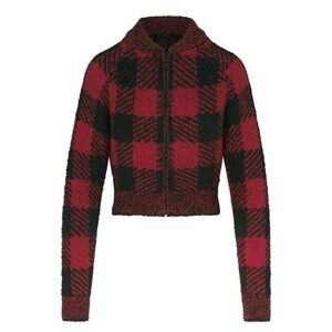 NWT SKIMS Cozy Knit Sweater Crop in Brick Buffalo Check